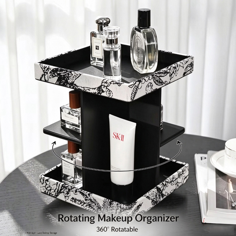 Luxury Skincare Tools - 多層360 ° 回転式の木目調化粧品収納オーガナイザー。高級感のある卓上収納ラックで、スキンケア用品、香水、口紅などを整理できます。